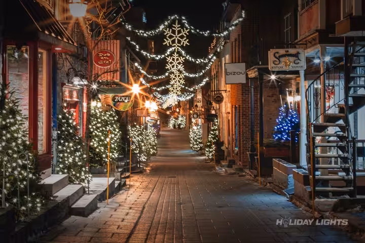Professional municipal Christmas light installation in Deerfield, New Hampshire — Downtown Skyline Decoration