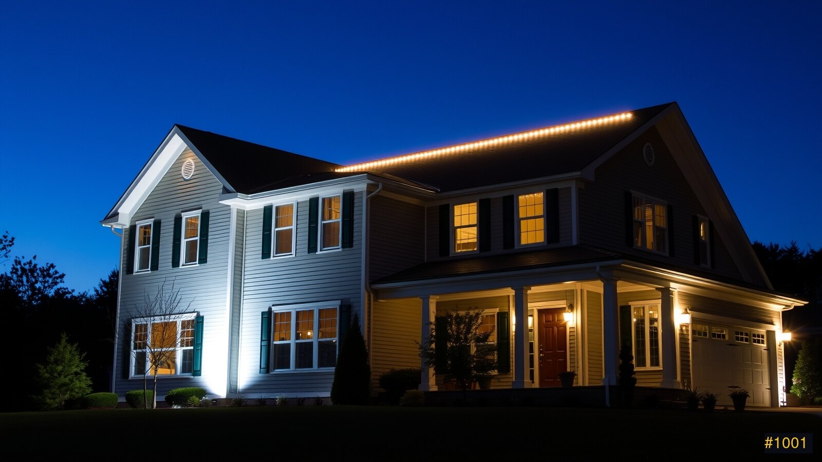 Permanent LED roofline lighting on an upscale New Hampshire home at dusk