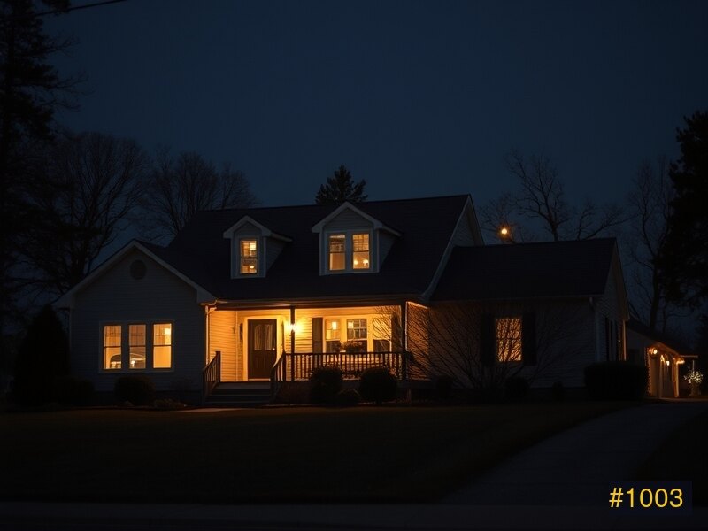 Same New Hampshire home at night with permanent warm-white roofline lights