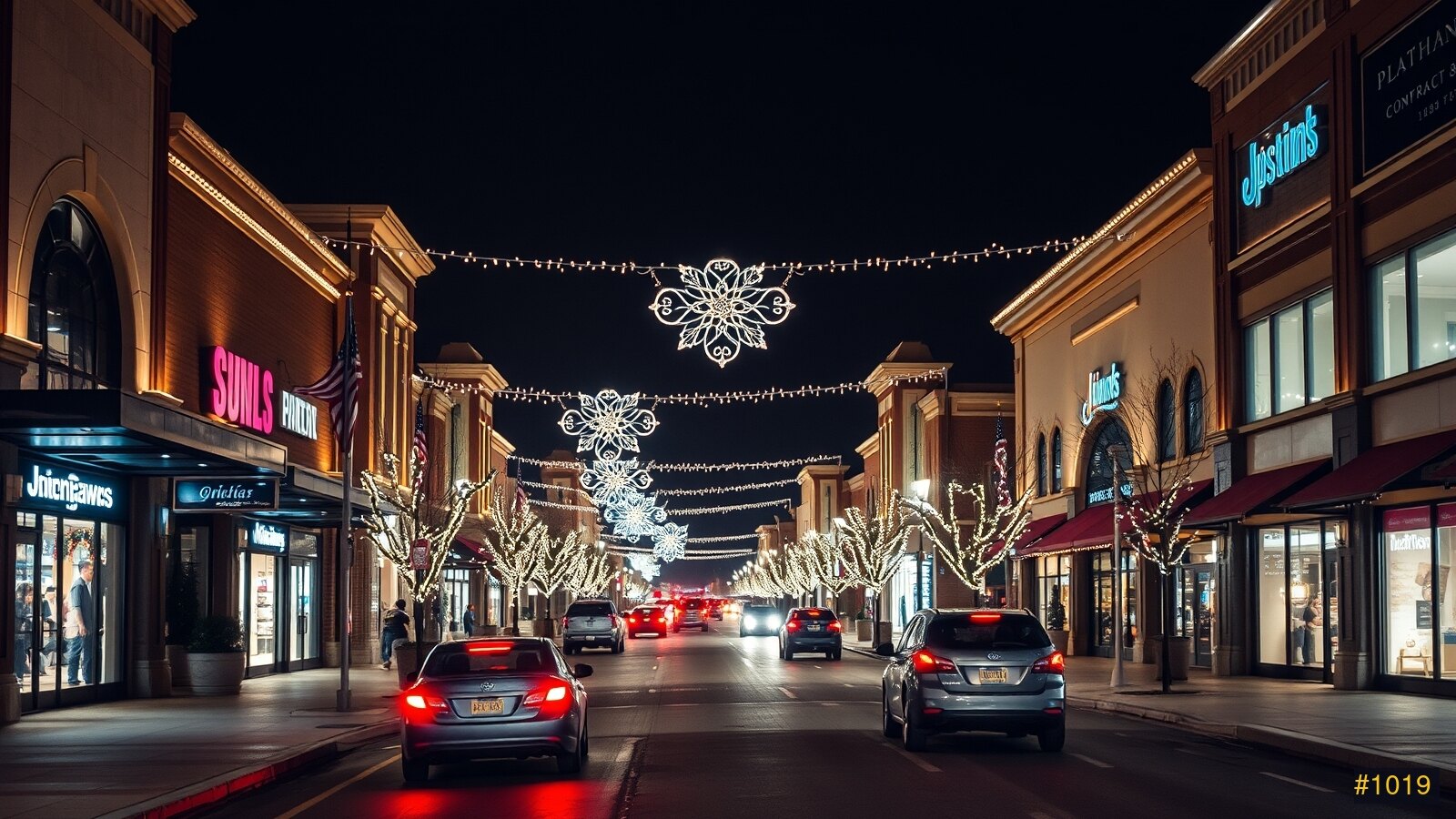 A commercial plaza decorated with Christmas lights at night