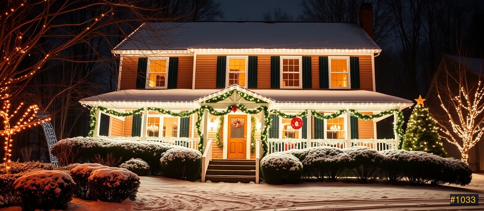 Festive New Hampshire home at night